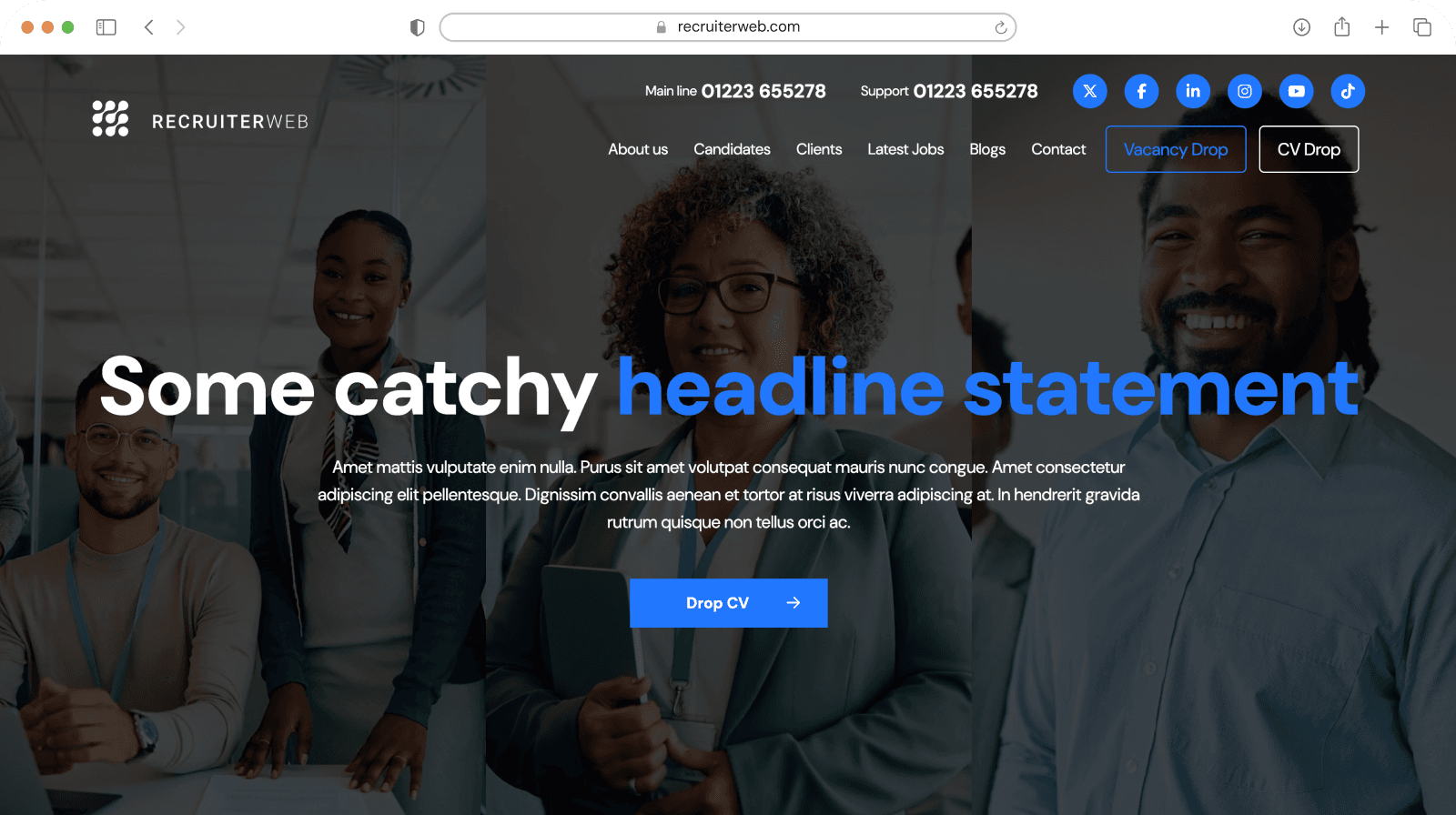 Website theme preview: dark hero with four-face photo collage and Drop CV button, alternate copy