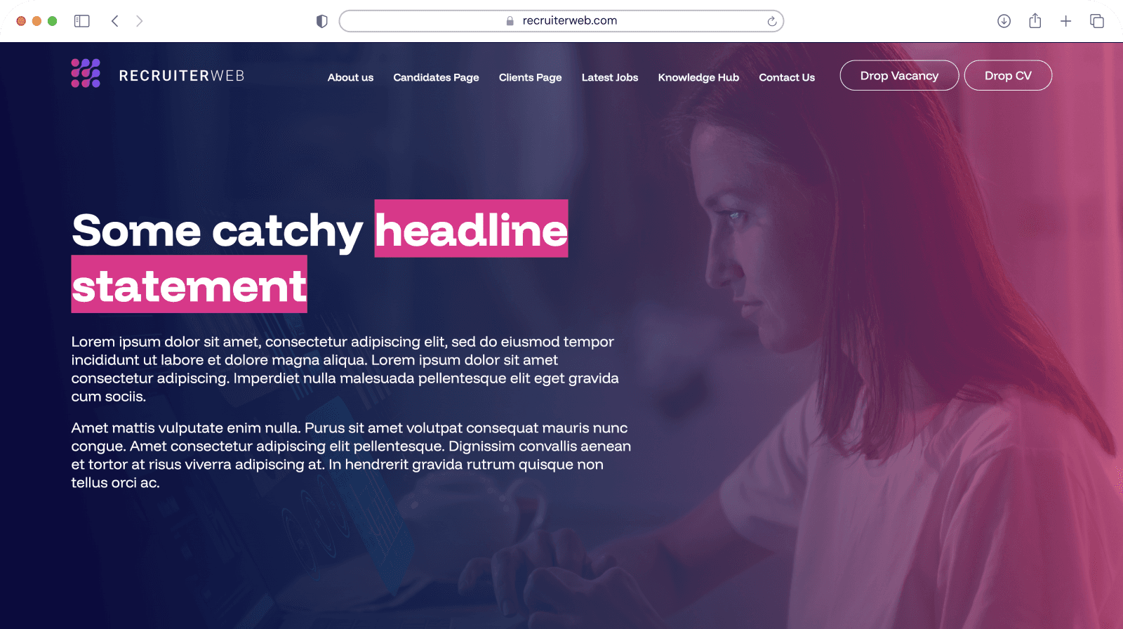Website theme preview: purple hero with pink highlighted headline and photo of woman with laptop