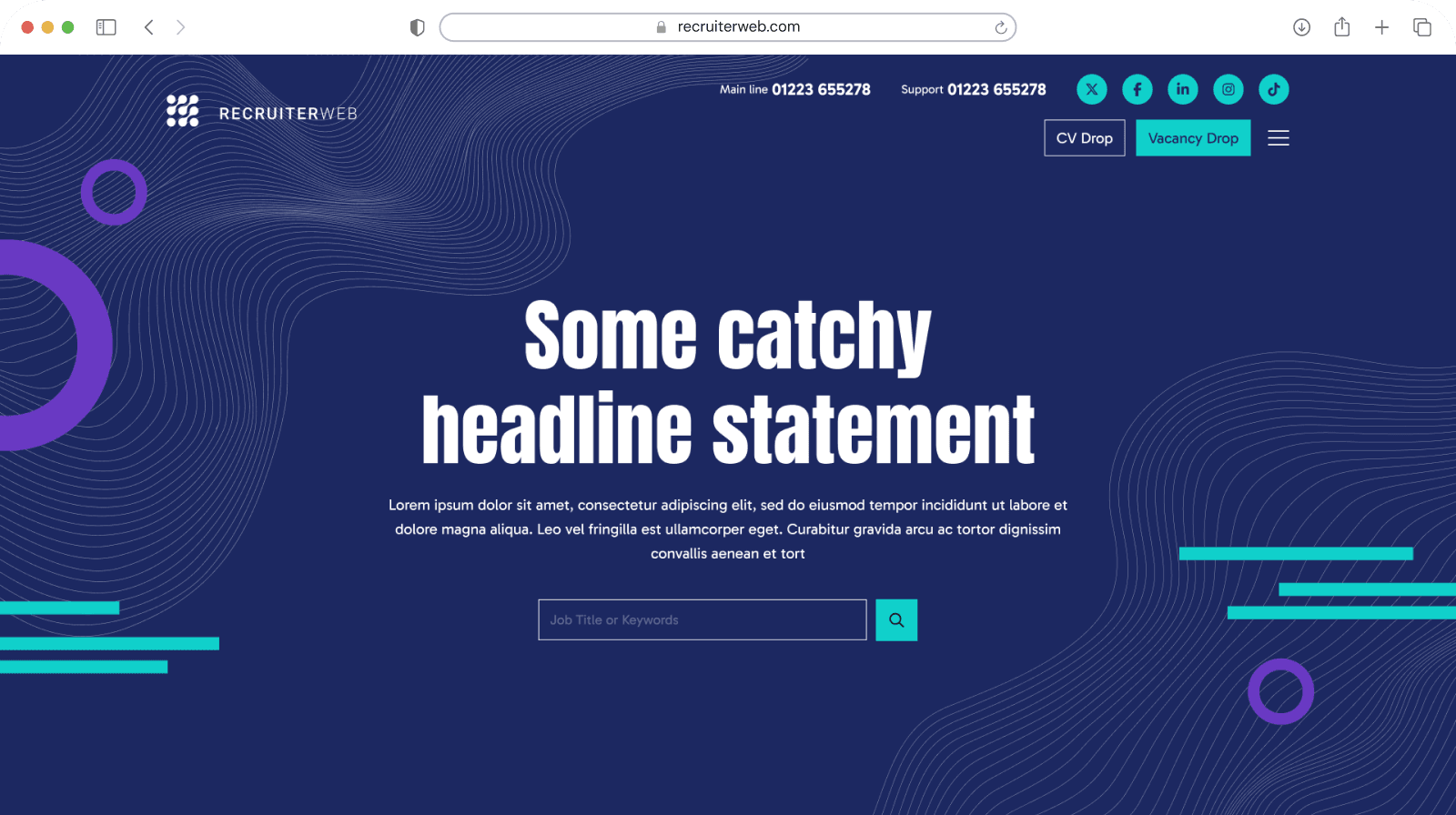 Website theme preview: navy hero with teal wavy line graphics and job search bar