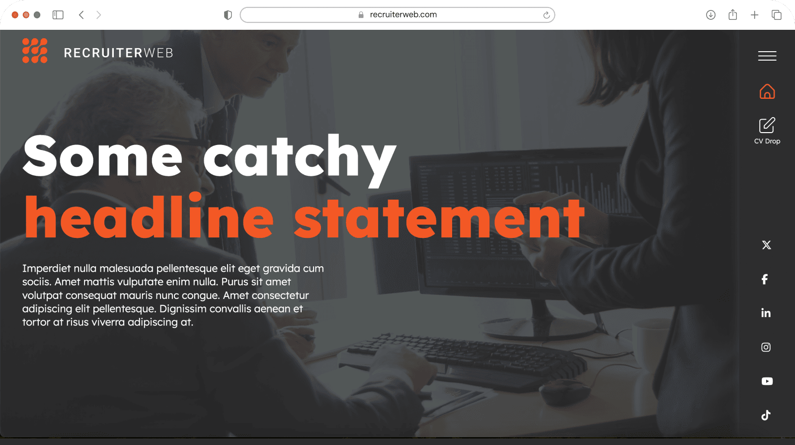 Website theme preview: dark hero with orange headline over office analytics photo