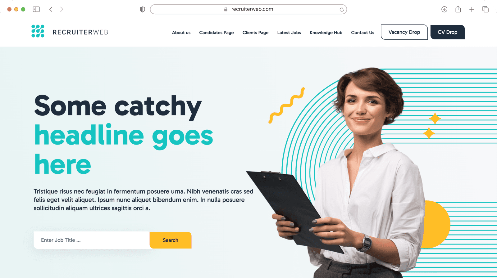 Website theme preview: light teal hero with woman holding clipboard photo