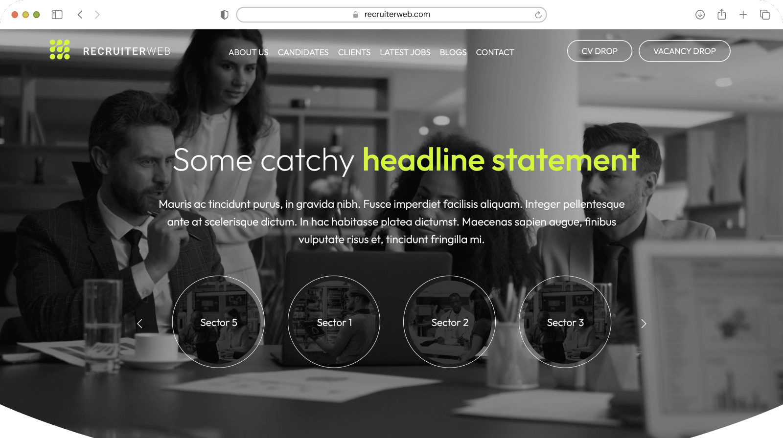 Website theme preview: grayscale office meeting photo hero with sector circle carousel