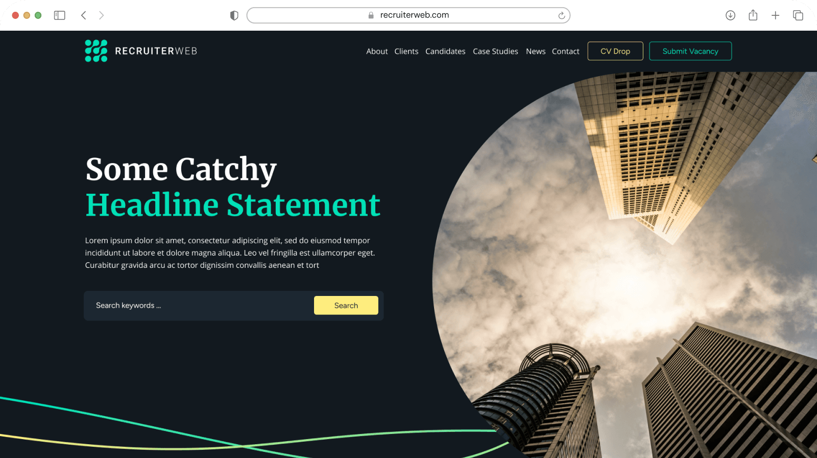 Website theme preview: dark navy hero with building photo and keyword search bar