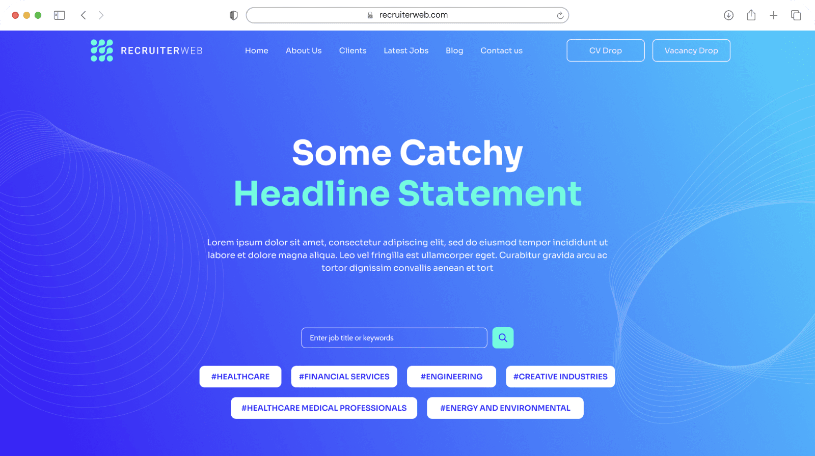 Website theme preview: blue gradient hero with sector hashtag buttons