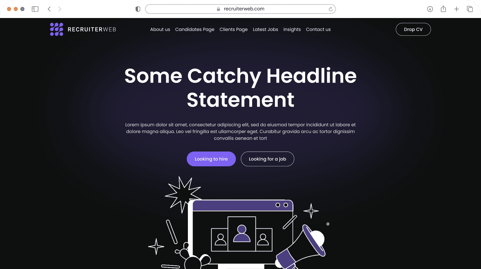 Website theme preview: dark purple hero illustration with hire/job-seeker buttons