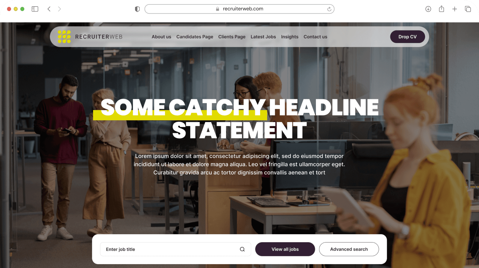 Website theme preview: office photo hero with yellow highlighted headline