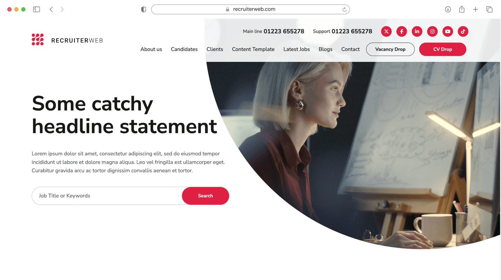Website theme preview: white and red hero with office photo and search bar