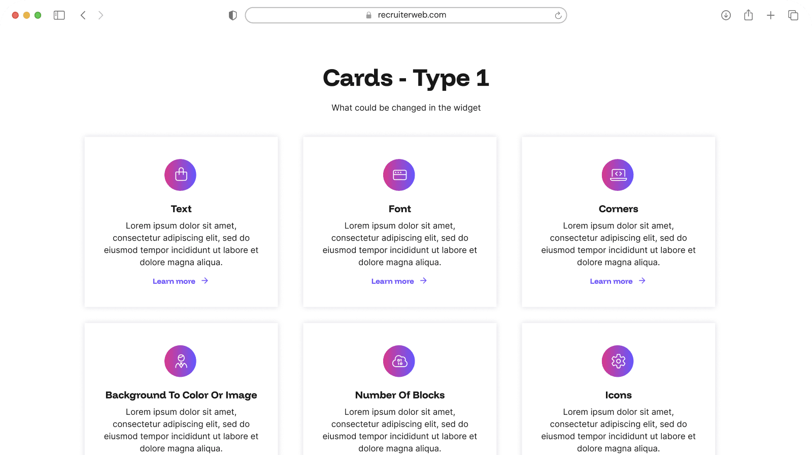 "Cards - Type 1" widget shown in a browser mockup, indigo color theme