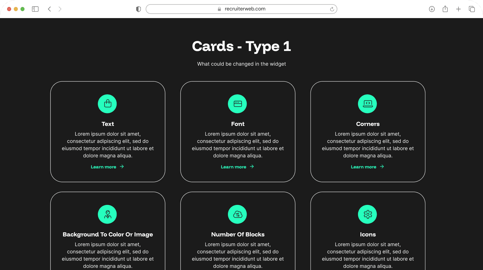 "Cards - Type 1" widget shown in a browser mockup, dark teal color theme
