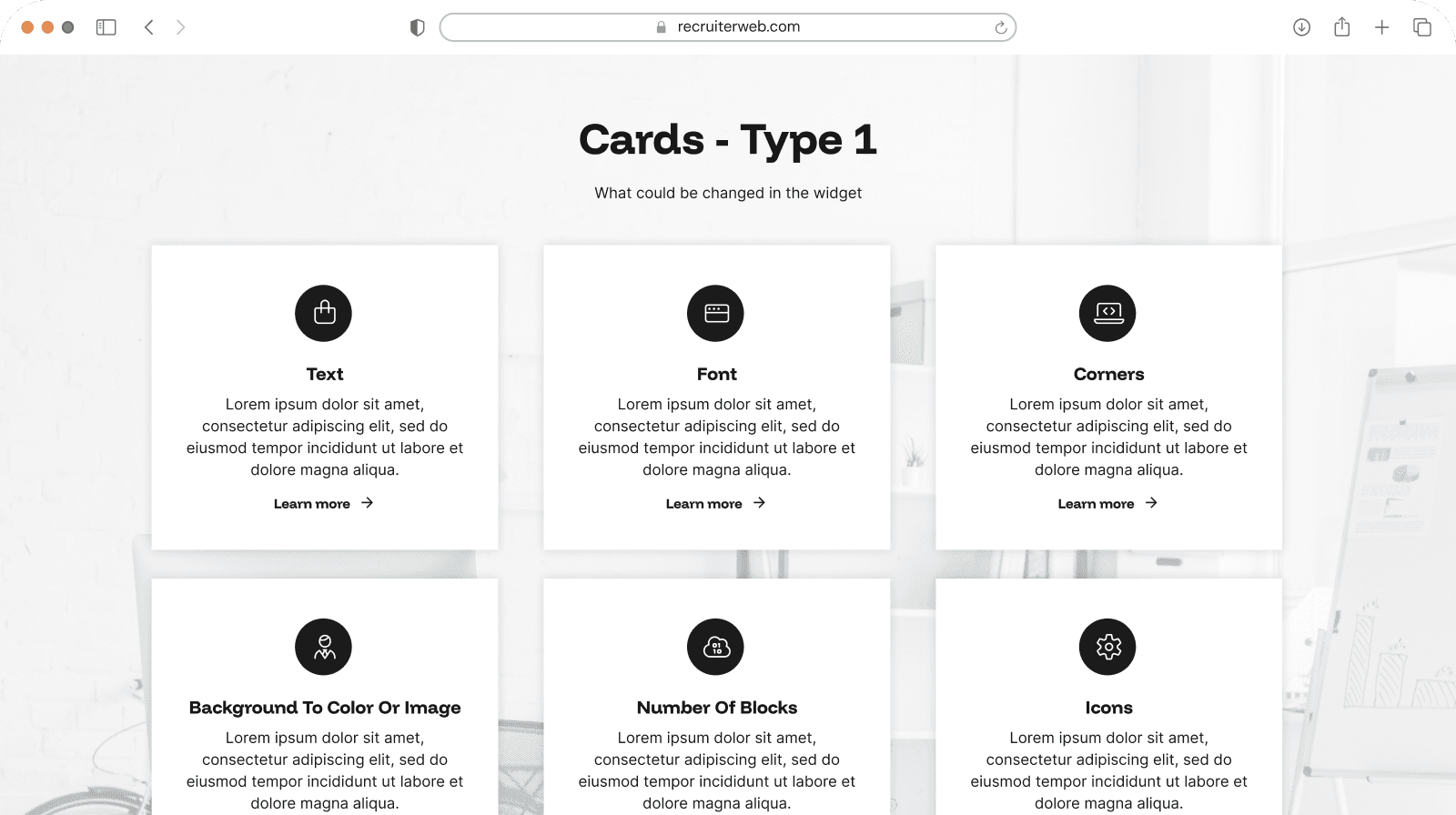 "Cards - Type 1" widget shown in a browser mockup, light gray color theme