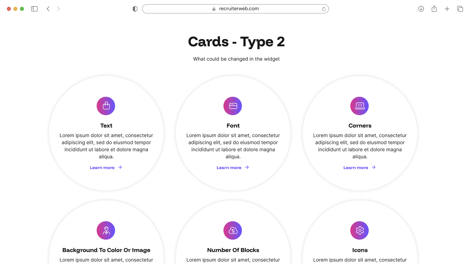 "Cards - Type 2" widget shown in a browser mockup, white and purple color theme