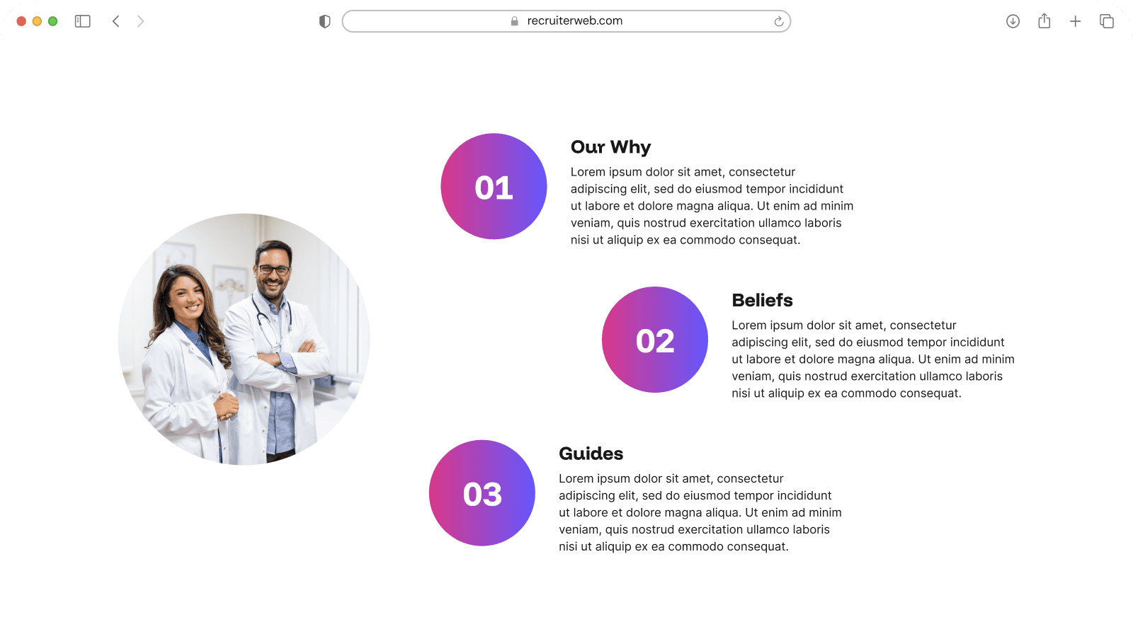 "Circular Numbered" widget shown in a browser mockup, white and purple color theme
