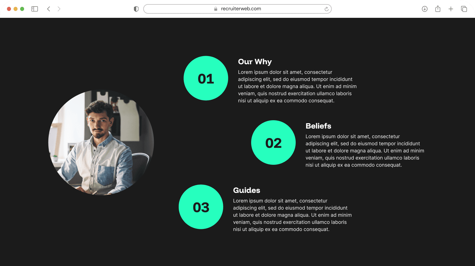 "Circular Numbered" widget shown in a browser mockup, dark teal color theme