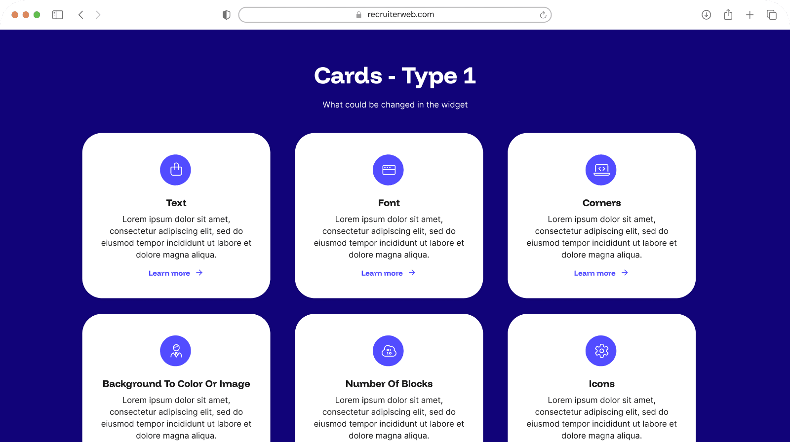 "Cards - Type 1" widget shown in a browser mockup, indigo color theme