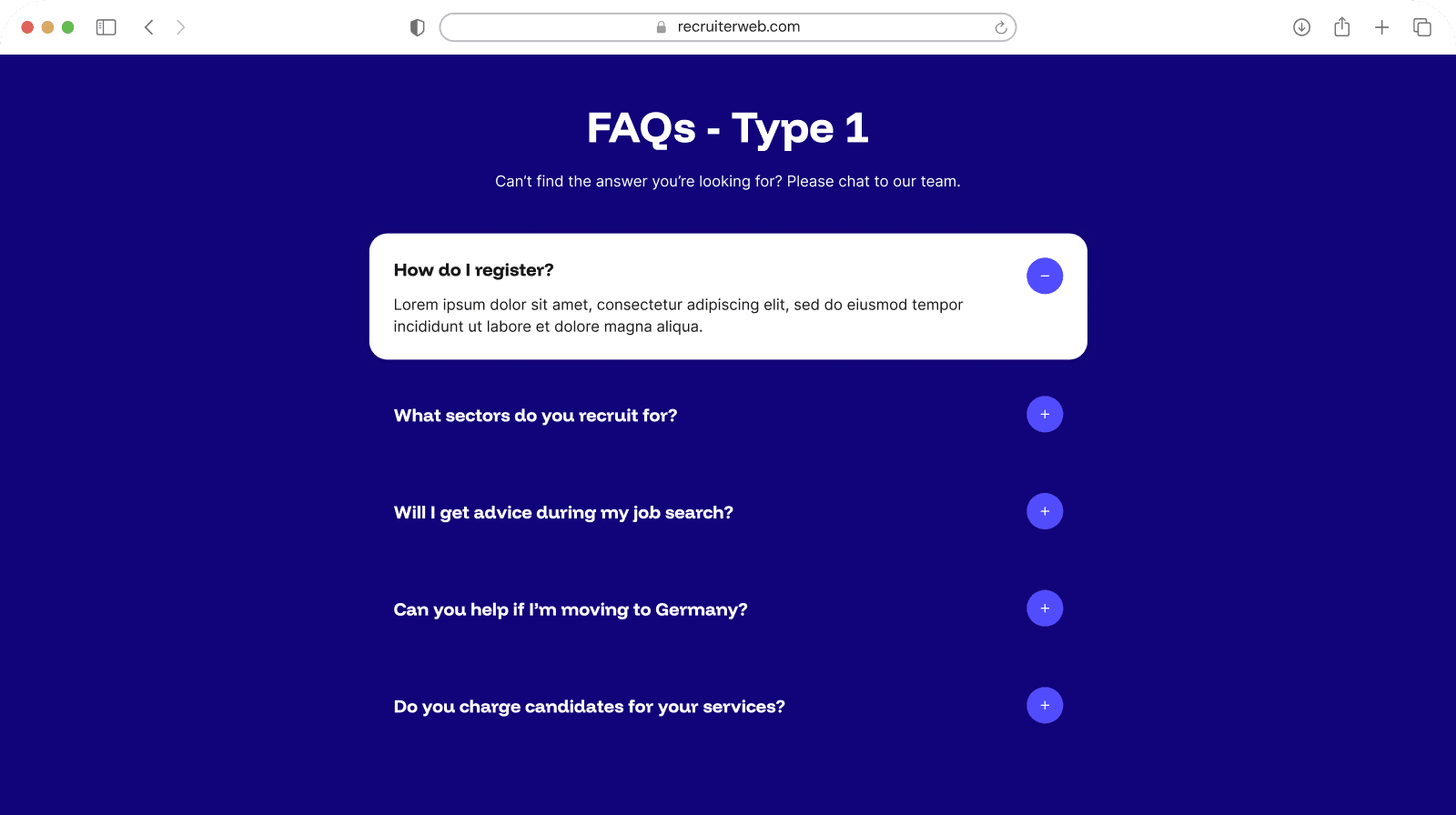 "FAQs - Type 1" widget shown in a browser mockup, indigo color theme