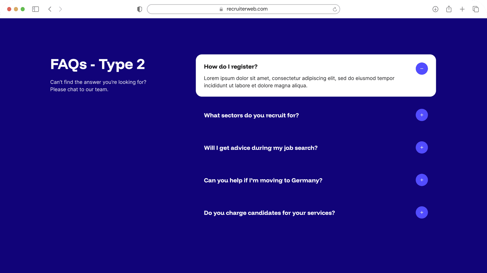 "FAQs - Type 2" widget shown in a browser mockup, indigo color theme
