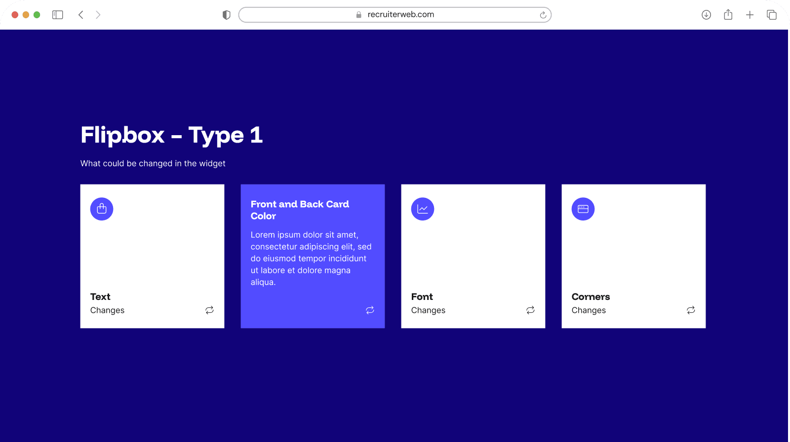 "Flipbox - Type 1" widget shown in a browser mockup, indigo color theme