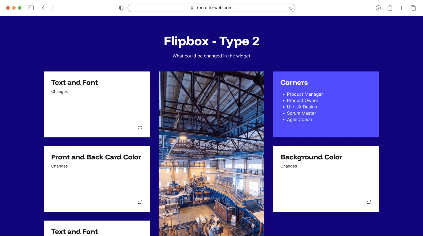 "Flipbox - Type 2" widget shown in a browser mockup, indigo color theme