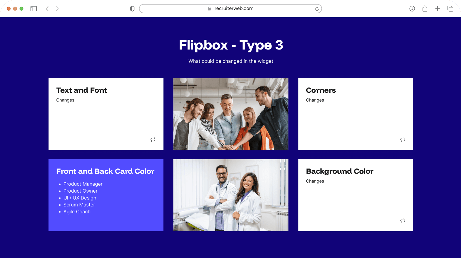 "Flipbox - Type 3" widget shown in a browser mockup, indigo color theme