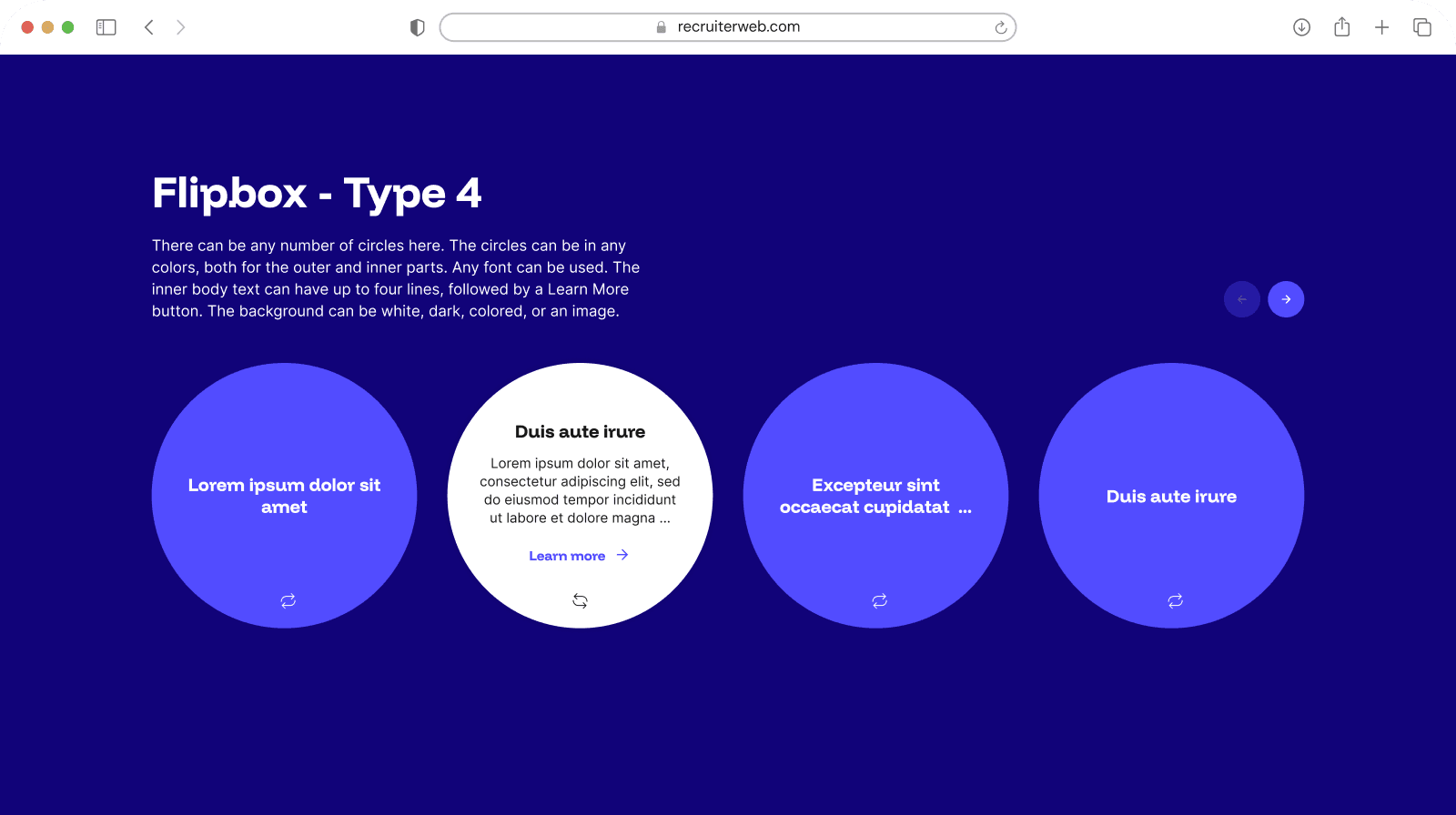 "Flipbox - Type 4" widget shown in a browser mockup, indigo color theme