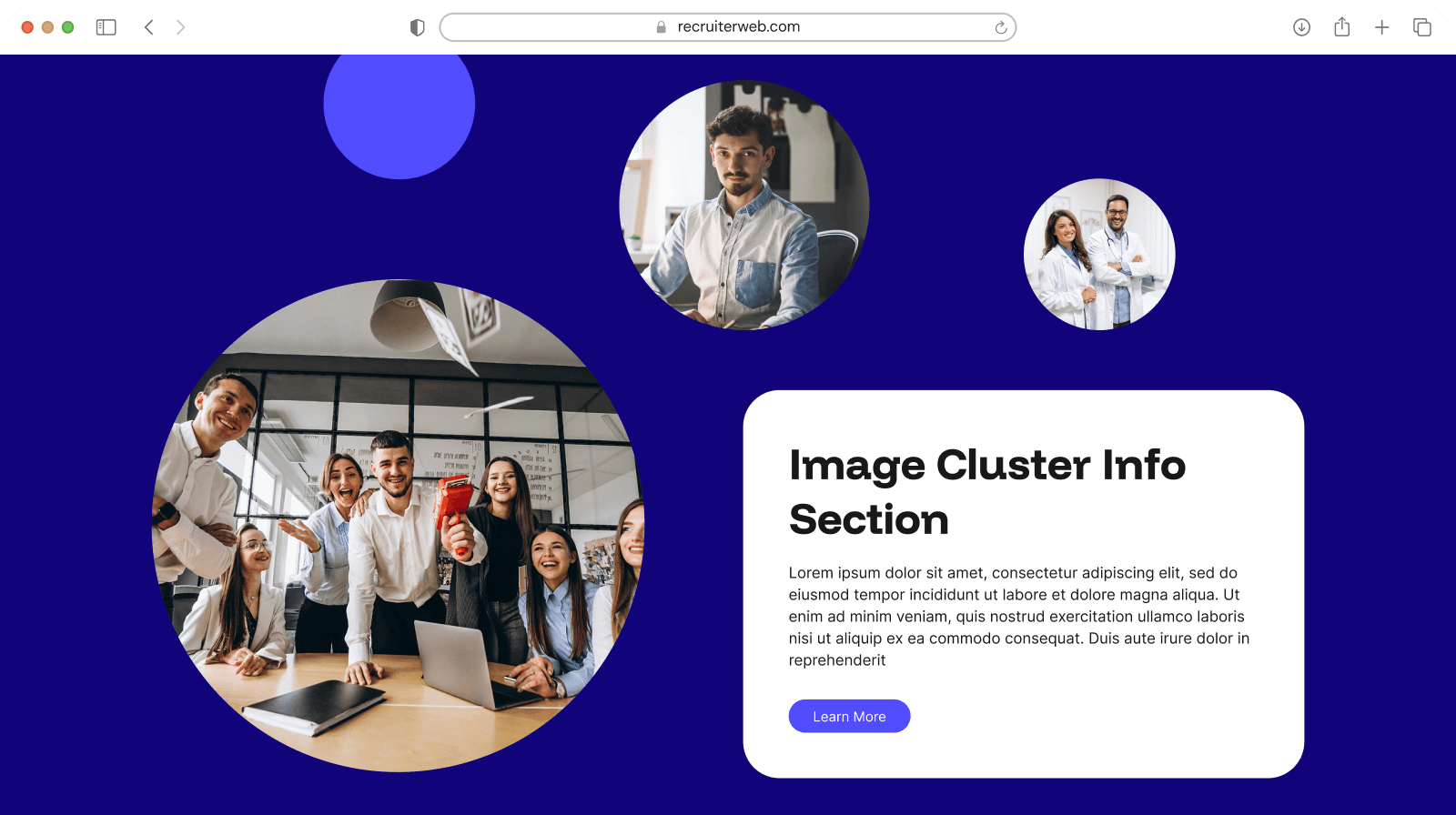 "Image Cluster Info Section" widget shown in a browser mockup, indigo color theme with a team photo
