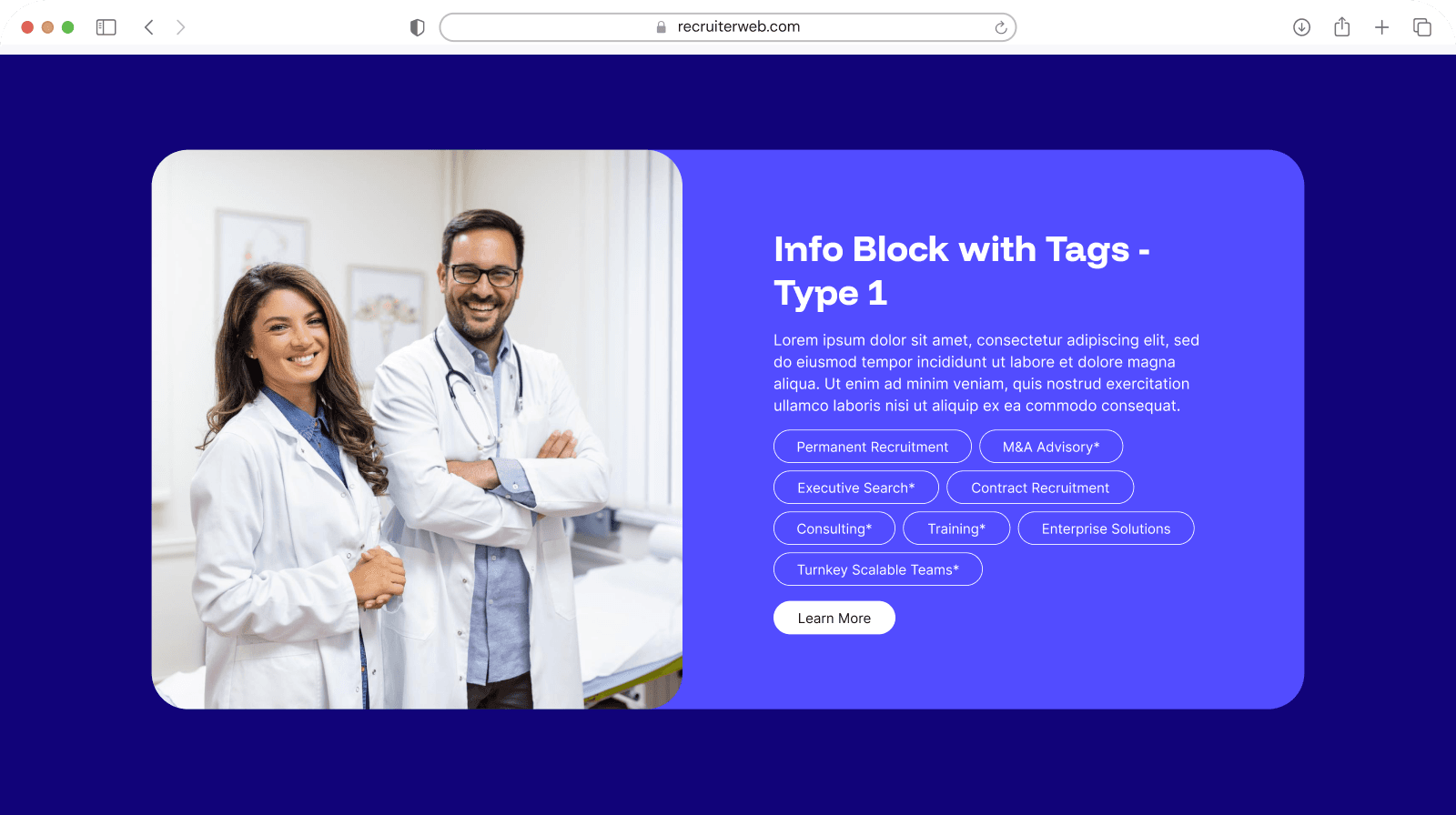 "Info Block with Tags - Type 1" widget shown in a browser mockup, indigo color theme
