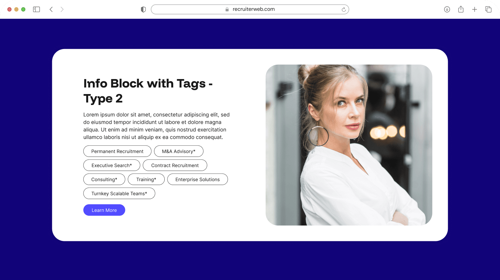 "Info Block with Tags - Type 2" widget shown in a browser mockup, indigo color theme