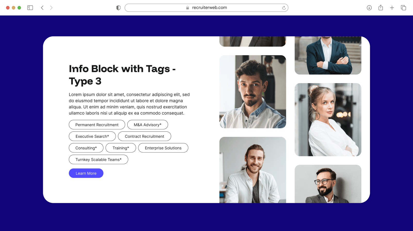 "Info Block with Tags - Type 3" widget shown in a browser mockup, indigo color theme