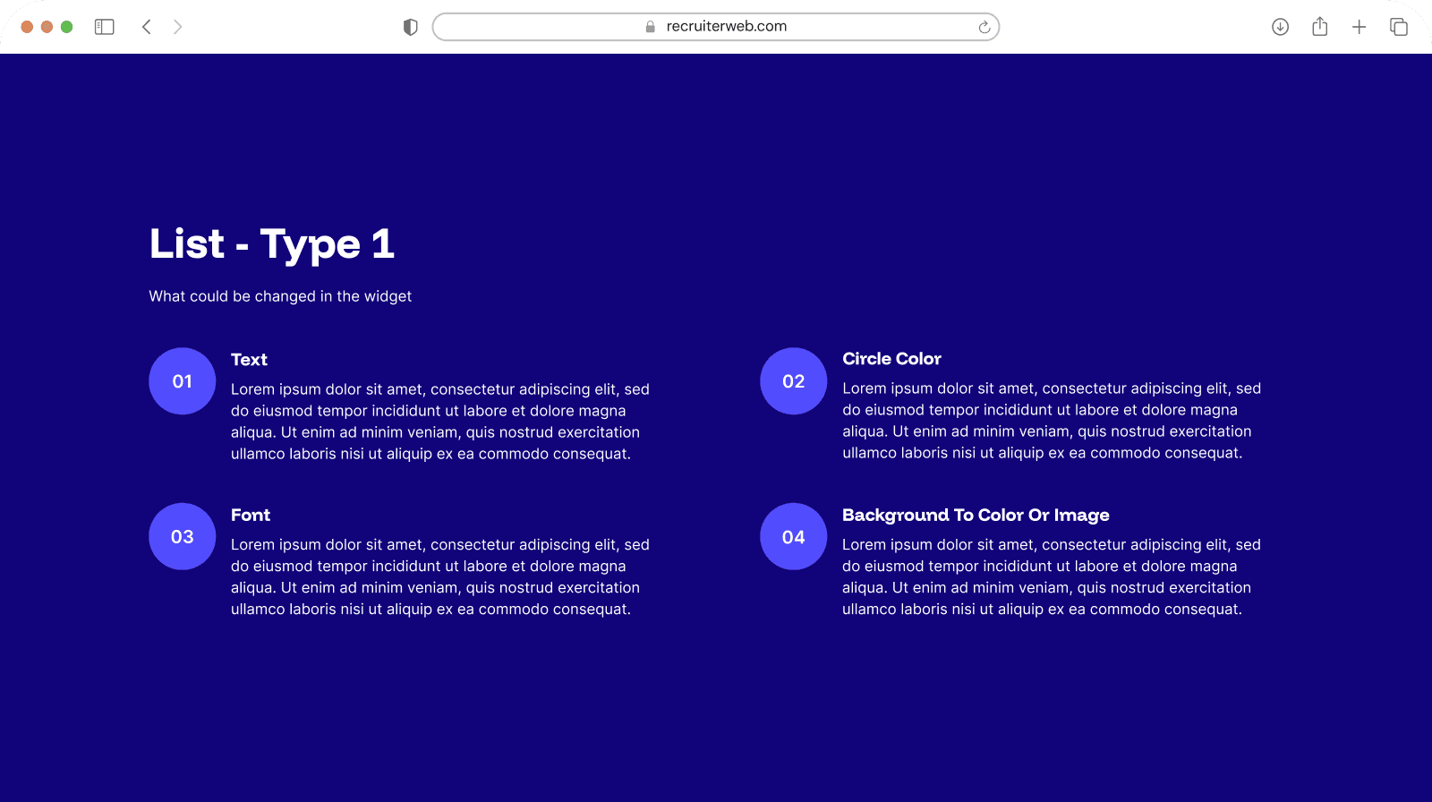 "List - Type 1" widget shown in a browser mockup, indigo color theme
