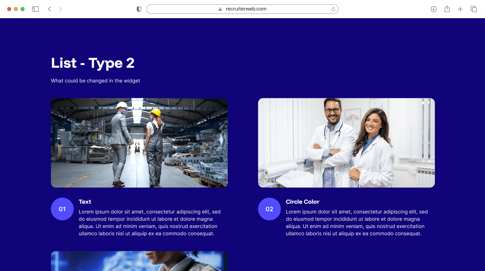 "List - Type 2" widget shown in a browser mockup, indigo color theme