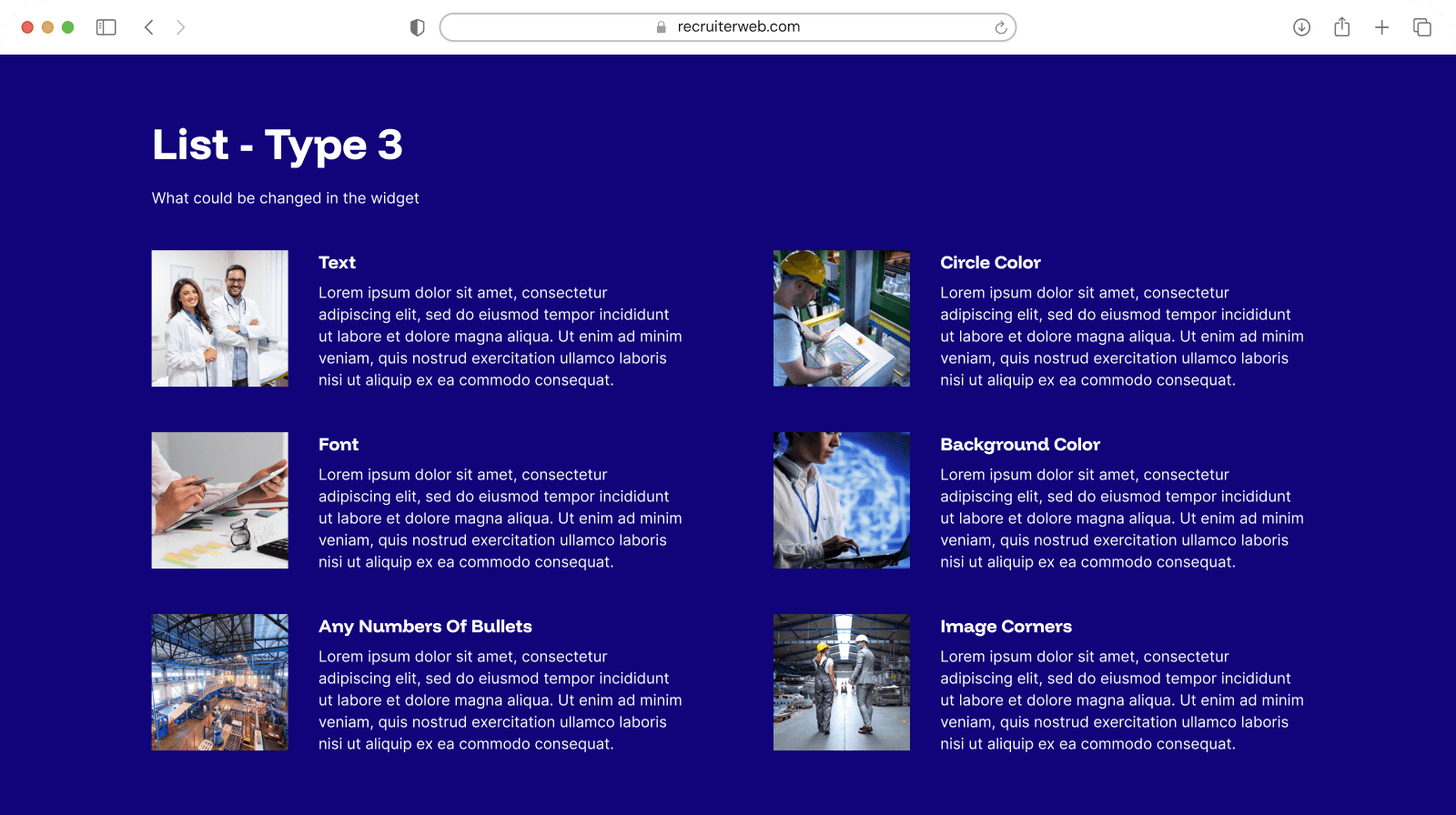 "List - Type 3" widget shown in a browser mockup, indigo color theme
