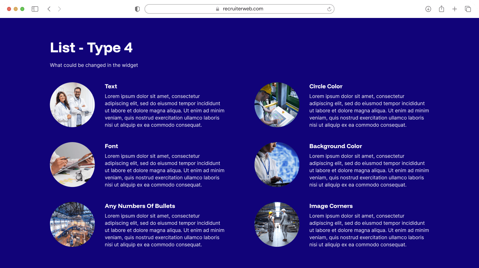 "List - Type 4" widget shown in a browser mockup, indigo color theme