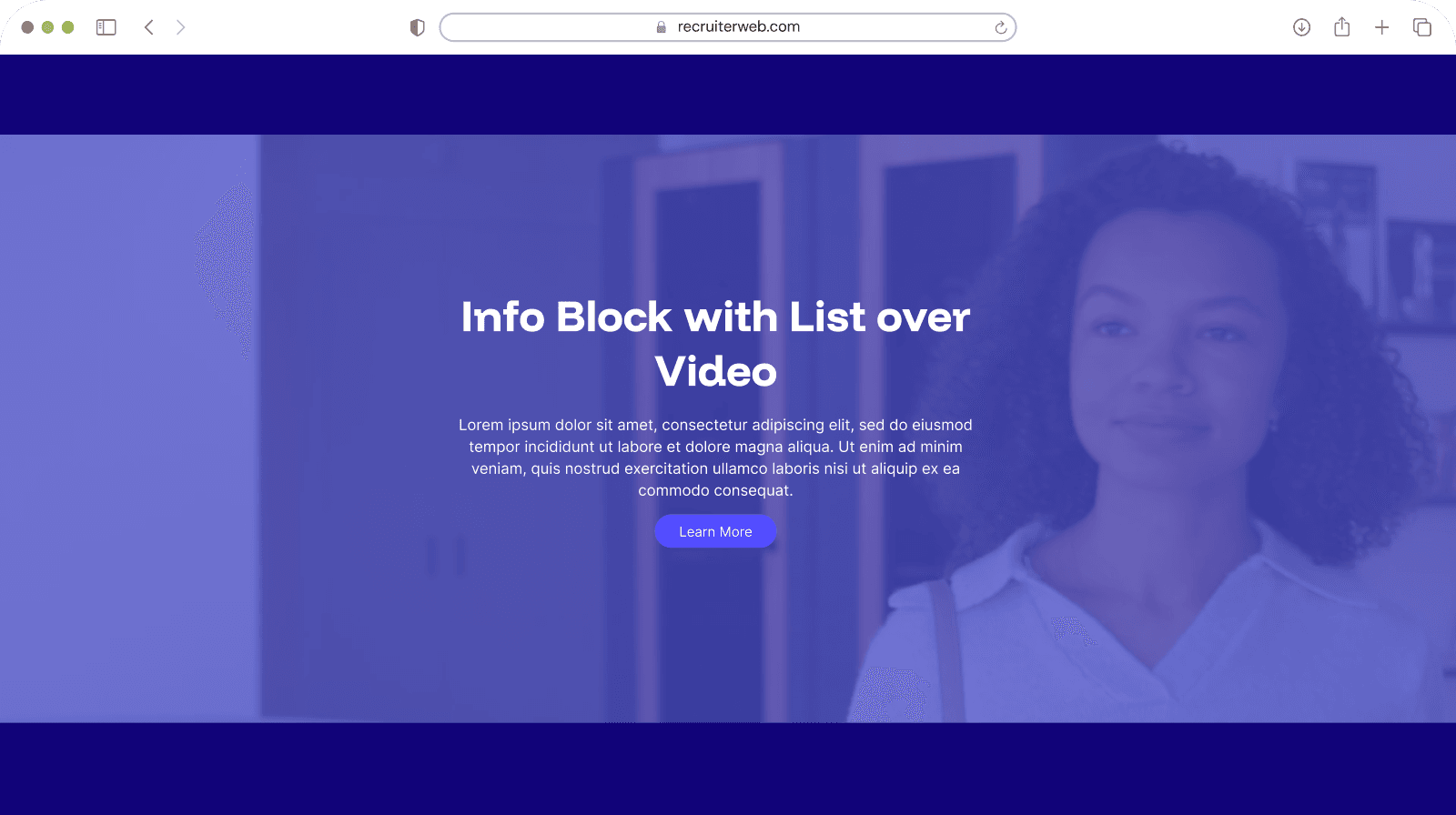 "Info Block with List over Video" widget shown in a browser mockup, indigo color theme