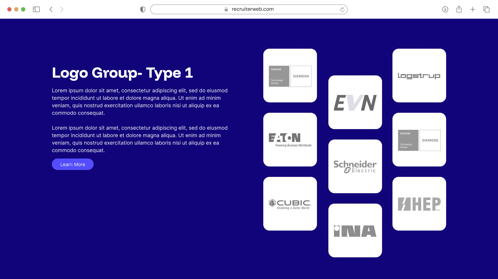 "Logo Group - Type 1" widget shown in a browser mockup, indigo color theme