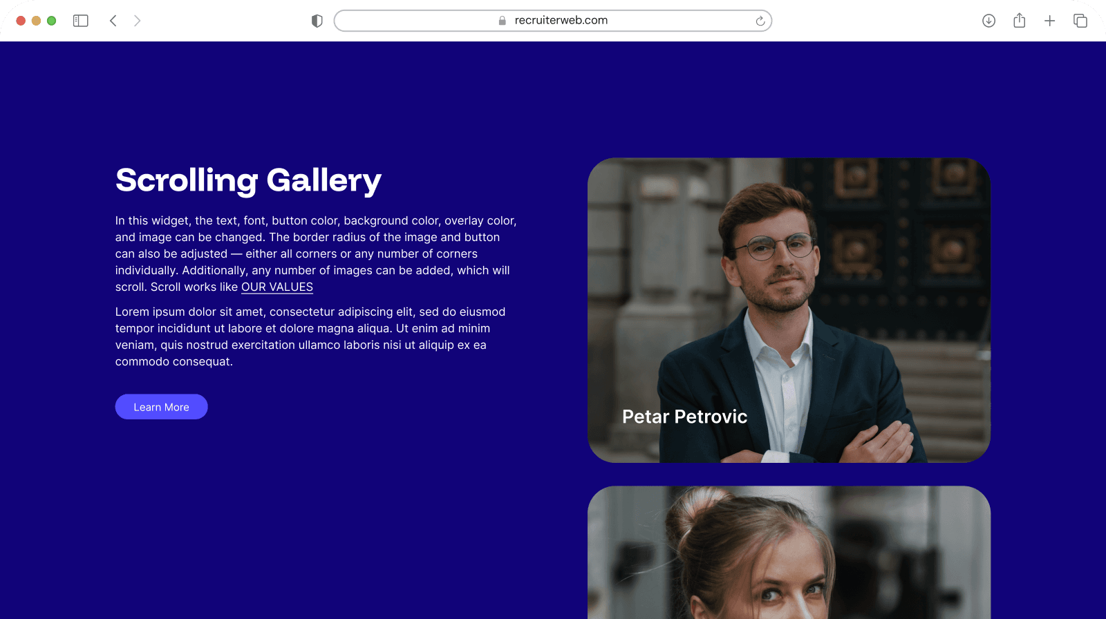 "Scrolling Gallery" widget shown in a browser mockup, indigo color theme