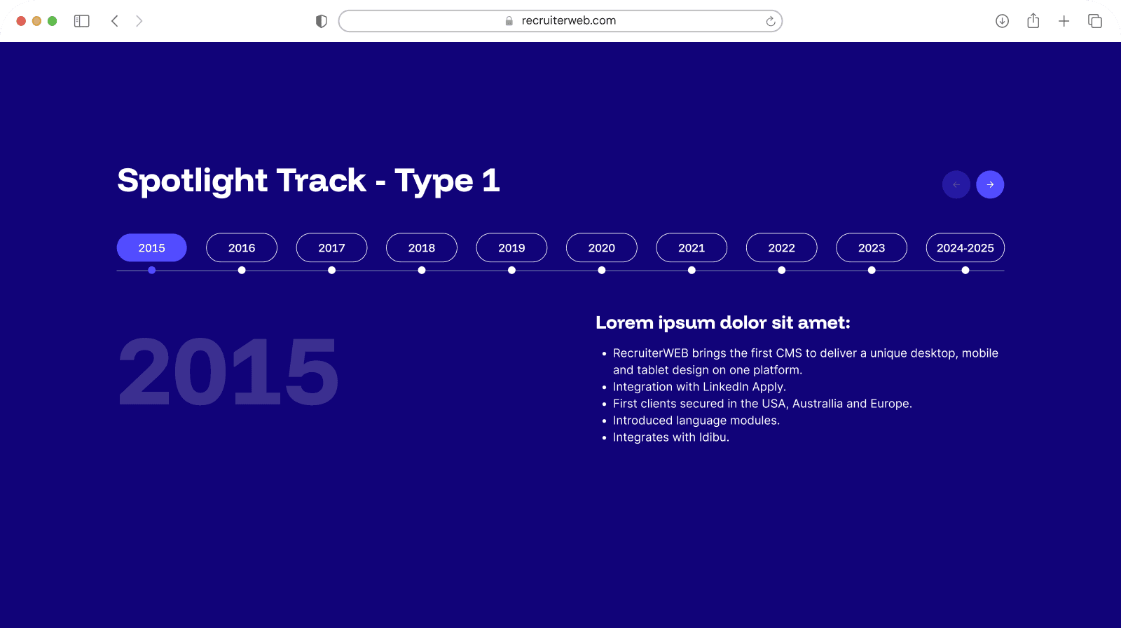 "Spotlight Track - Type 1" widget shown in a browser mockup, indigo color theme