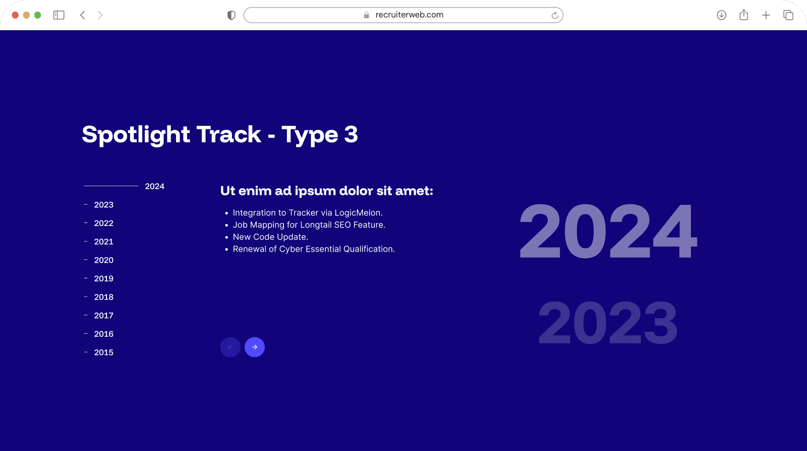 "Spotlight Track - Type 3" widget shown in a browser mockup, indigo color theme