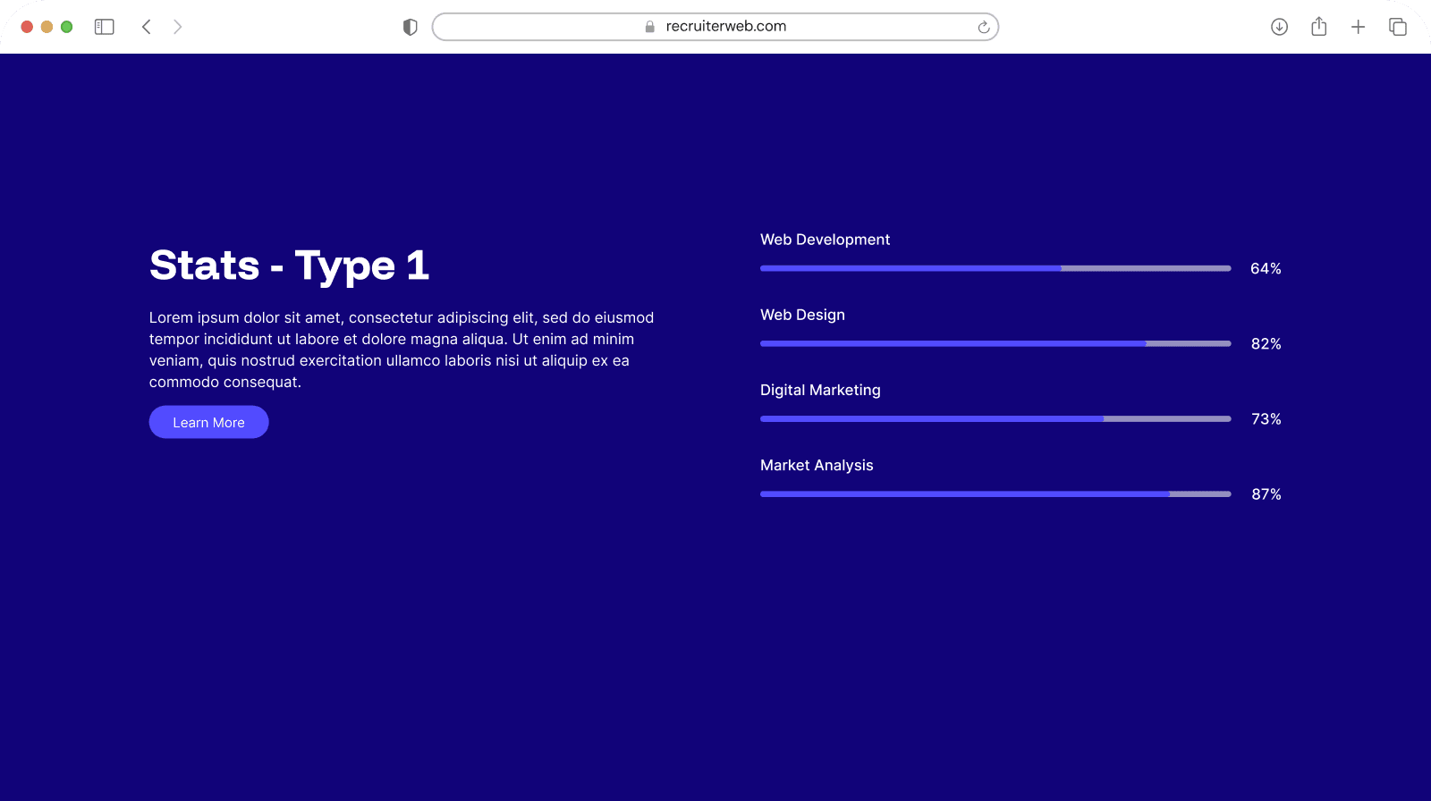"Stats - Type 1" widget shown in a browser mockup, indigo color theme