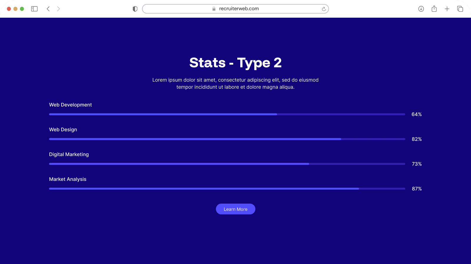 "Stats - Type 2" widget shown in a browser mockup, indigo color theme