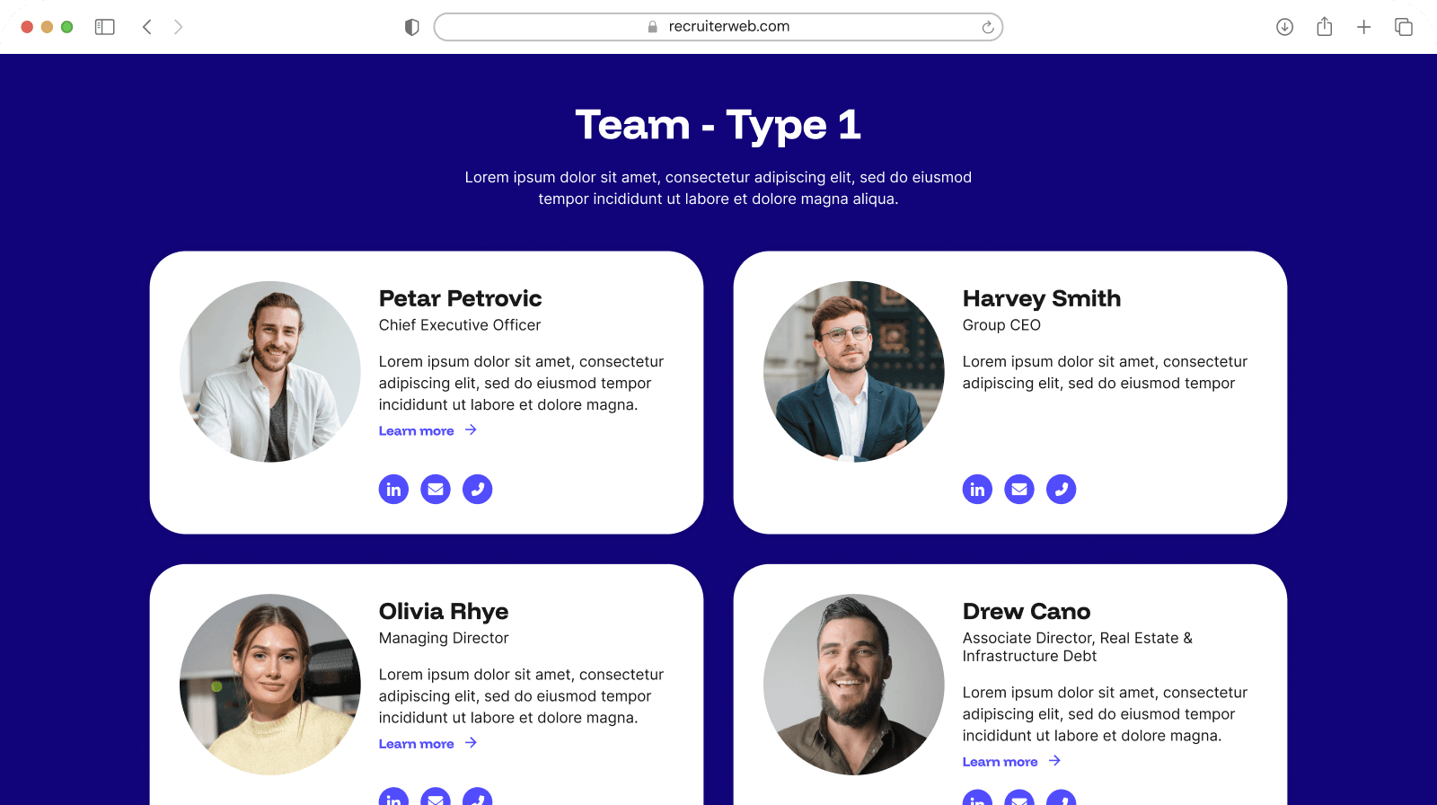 "Team - Type 1" widget example: two-column staff cards with photo, name, role, and contact icons