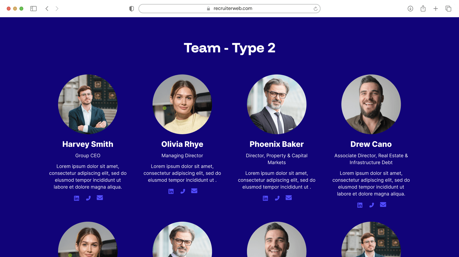 "Team - Type 2" widget example: grid of staff headshots with name, role, and contact icons