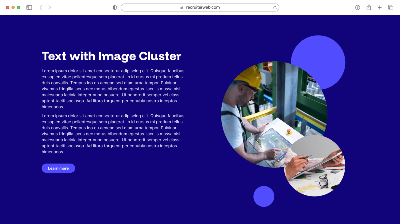 "Text with Image Cluster" widget example: overlapping circular photo cluster beside heading and body text