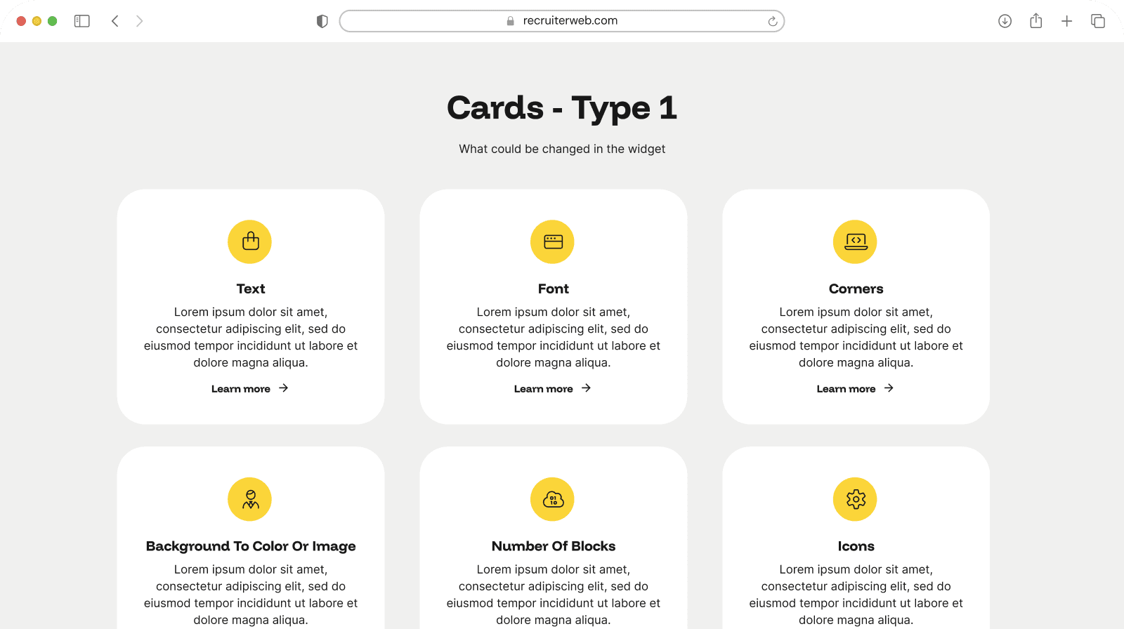 "Cards - Type 1" widget example: grid of icon cards with title and description text