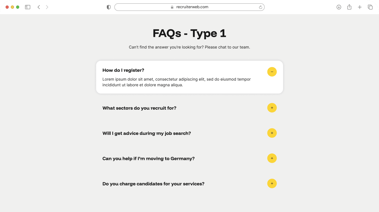 "FAQs - Type 1" widget example: single-column accordion list of questions
