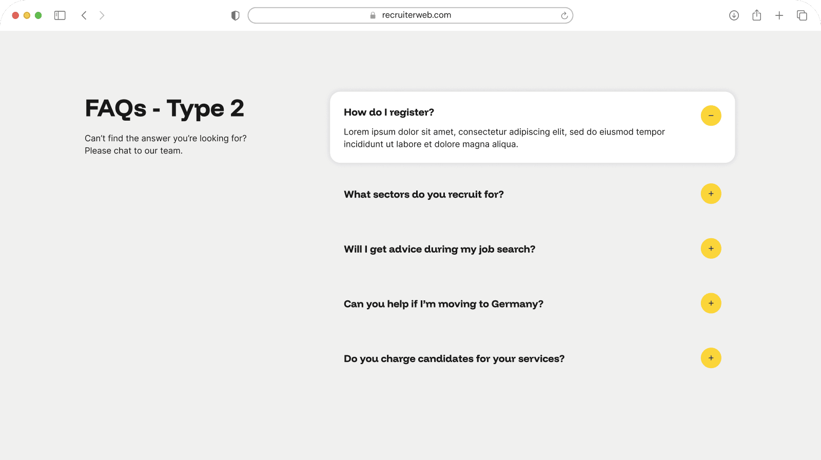 "FAQs - Type 2" widget example: two-column accordion layout
