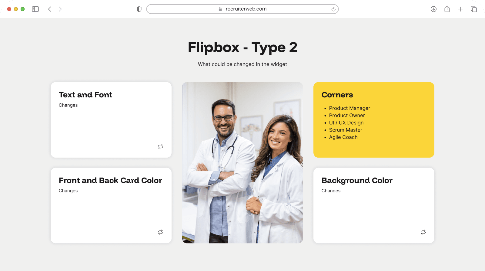 "Flipbox - Type 2" widget example: text cards beside a team photo
