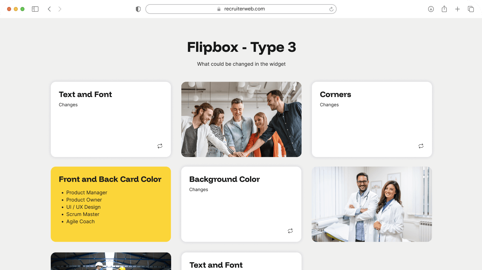 "Flipbox - Type 3" widget example: text cards surrounding photo tiles