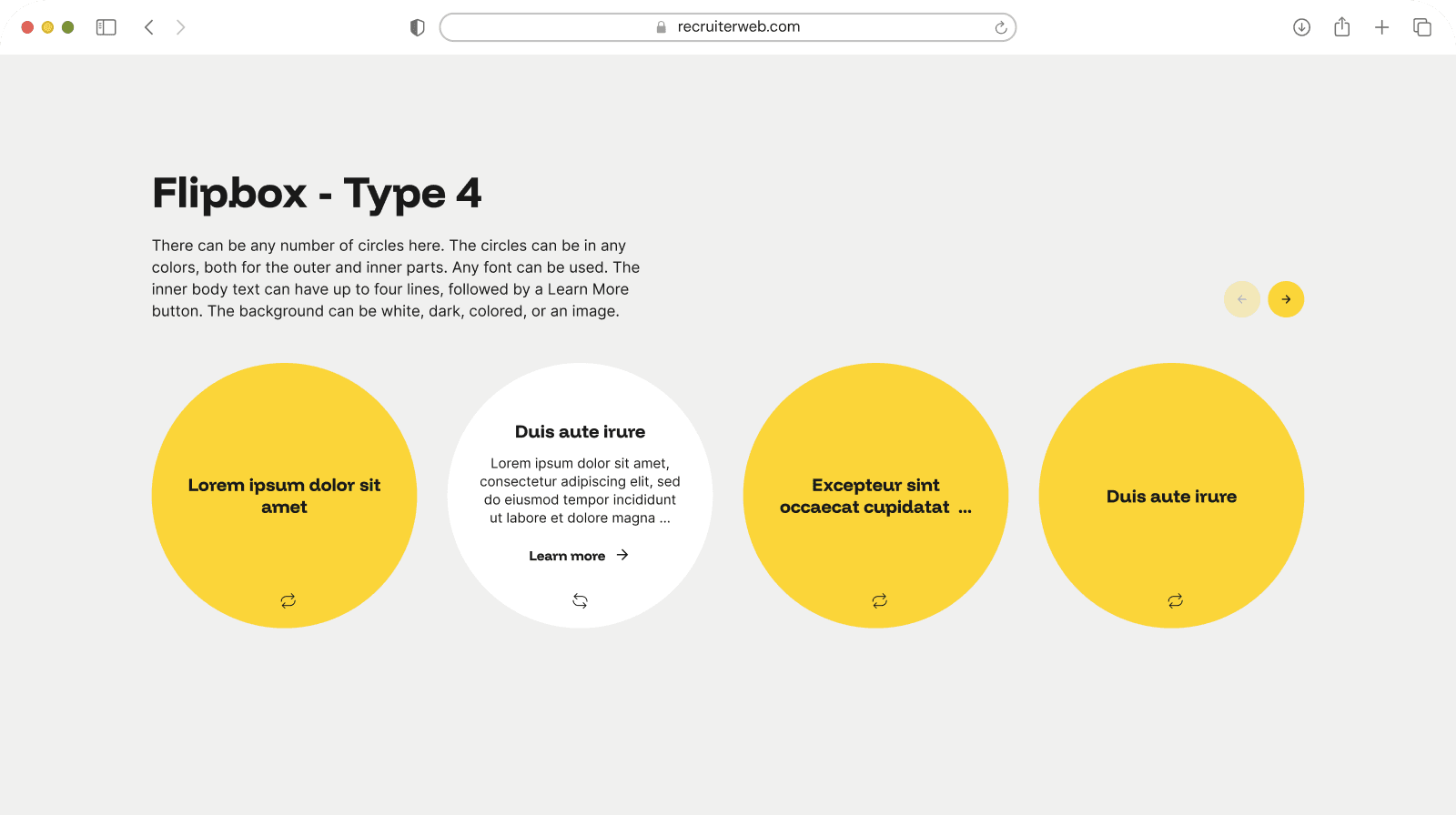 "Flipbox - Type 4" widget example: large circles, one flipped to show back-side text