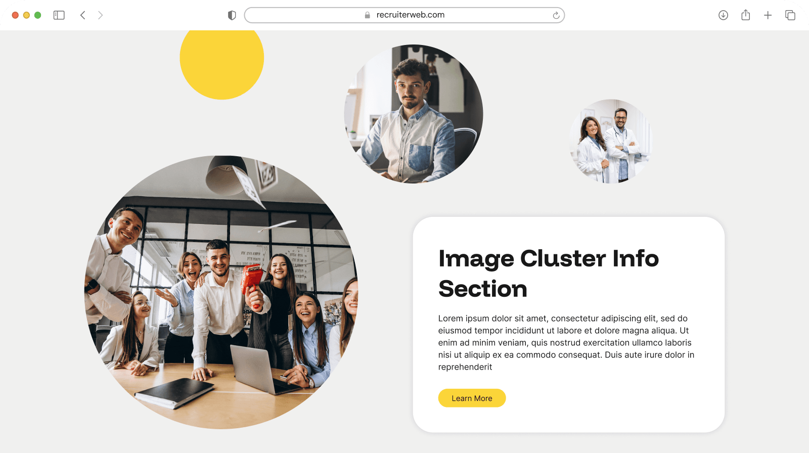"Image Cluster Info Section" widget example: circular photo collage beside heading and body text