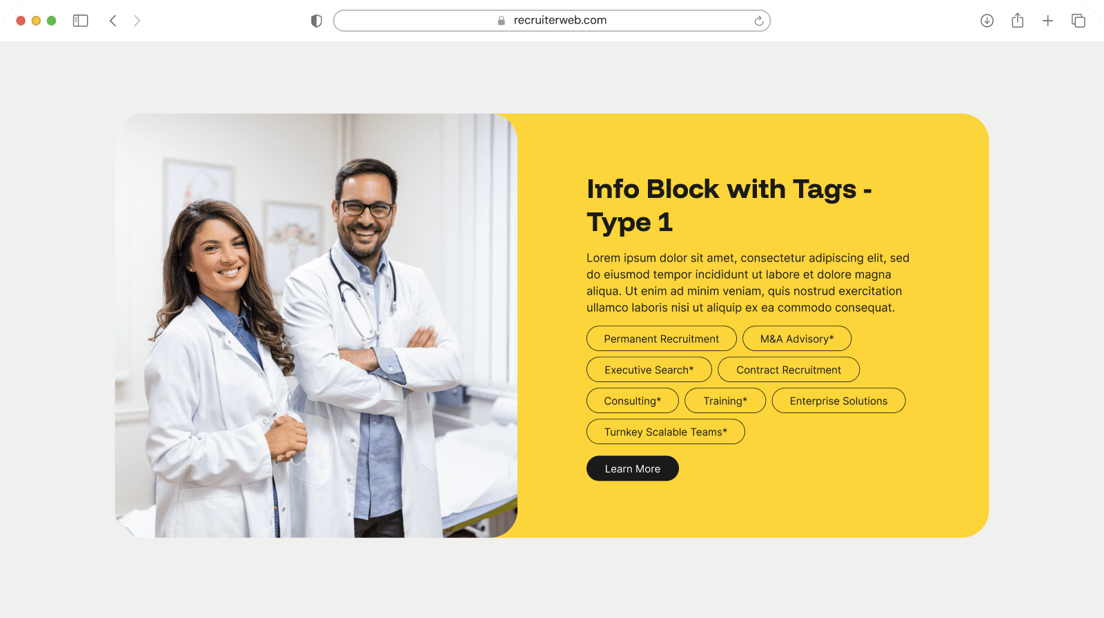 "Info Block with Tags - Type 1" widget example: doctors photo beside recruitment service tags